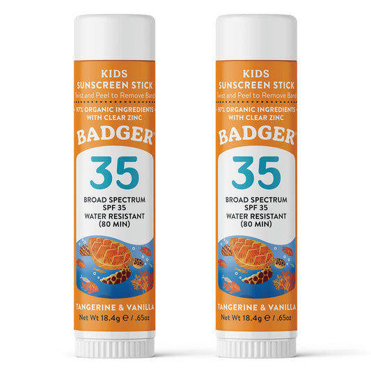 Badger Kids Sunscreen Stick SPF 35 with Mineral Zinc Oxide, Travel Size Sunscreen Stick for Kids, 97% Organic Ingredients, Reef Friendly, Broad Spectrum, Water Resistant, 65 oz (2 Pack)