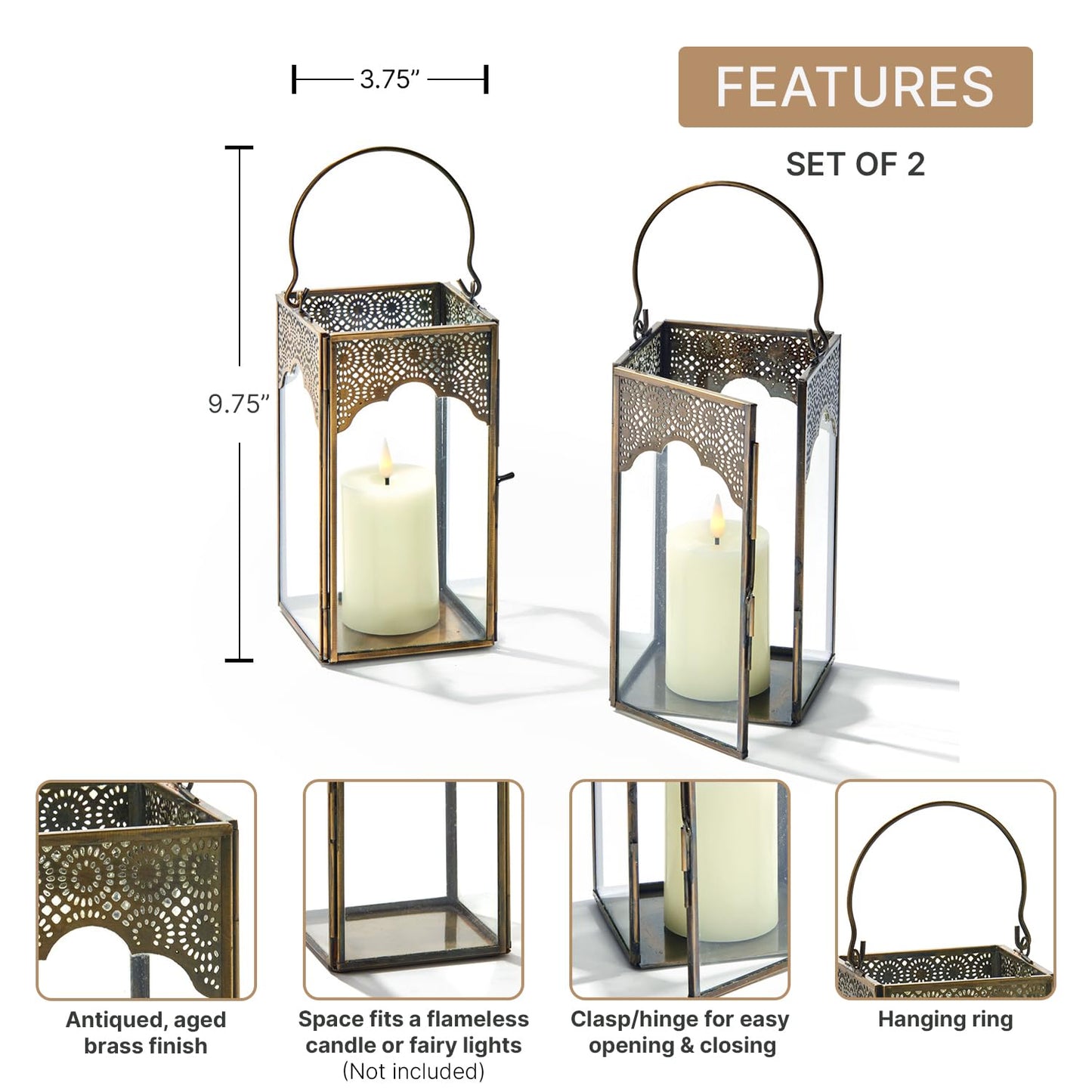 LampLust Moroccan Lantern Candle Holder, 2 Pack, 6.5 Inch, Aged Brass Decorative Lanterns for Table Top Decor, Metal & Glass Candle Lantern, Eid Ramadan Fanoos Seasonal Decor, Wedding Centerpieces