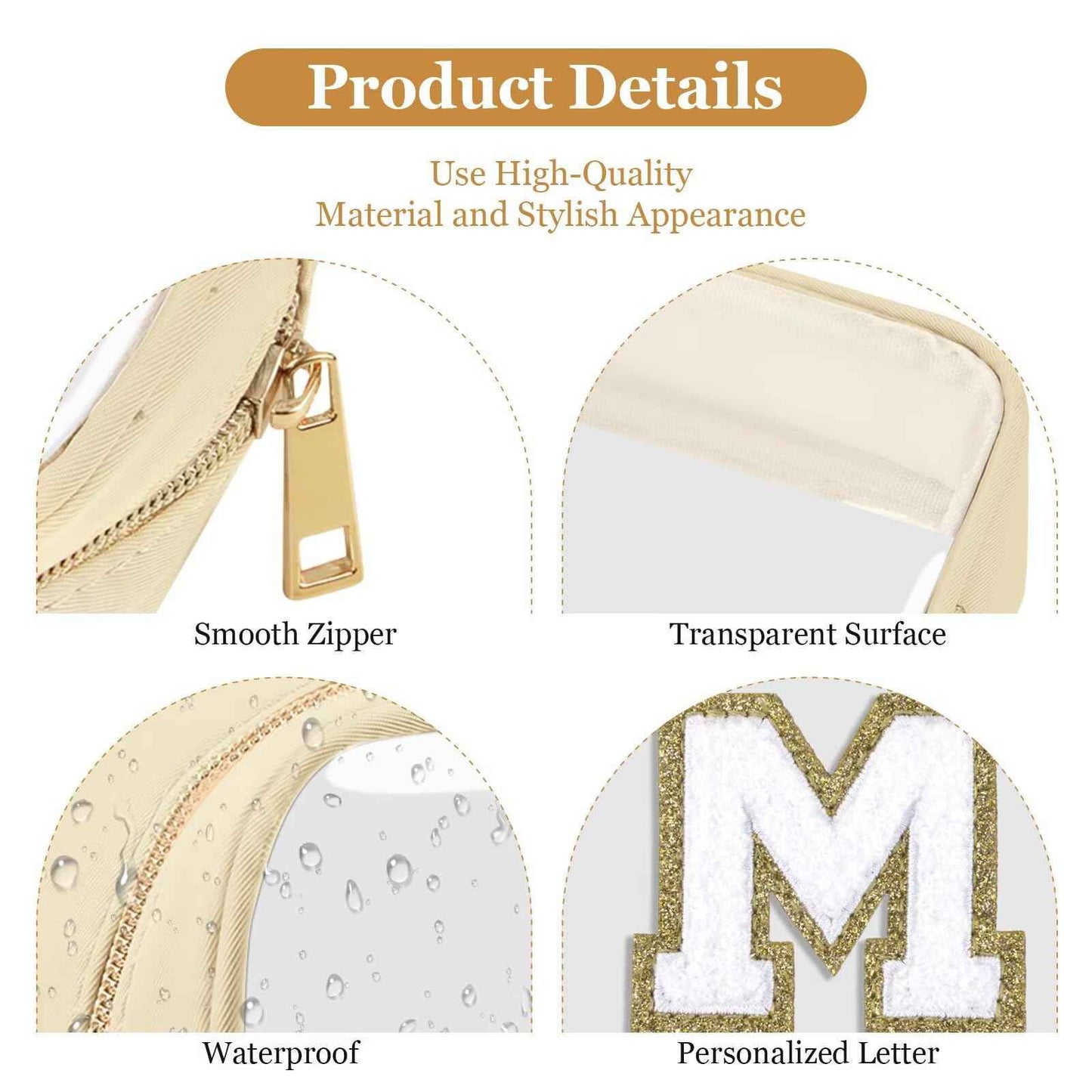 Small Clear Personalized Initial Letter Makeup Bag, A-Z Chenille Patch Preppy Nylon Cosmetic Bag with Zipper, TSA Approved Transparent Waterproof Travel Toiletry Bag Travel Essentials for Women