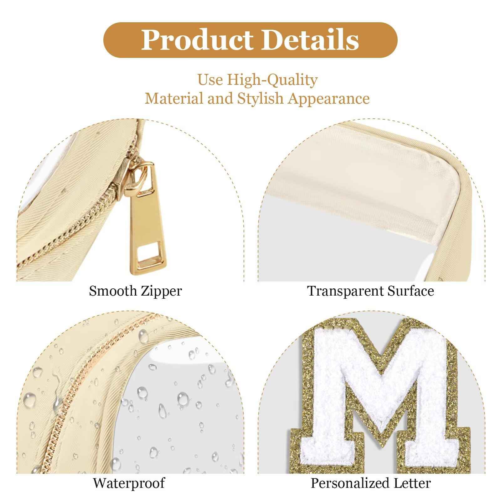 Small Clear Personalized Initial Letter Makeup Bag, A-Z Chenille Patch Preppy Nylon Cosmetic Bag with Zipper, TSA Approved Transparent Waterproof Travel Toiletry Bag Travel Essentials for Women