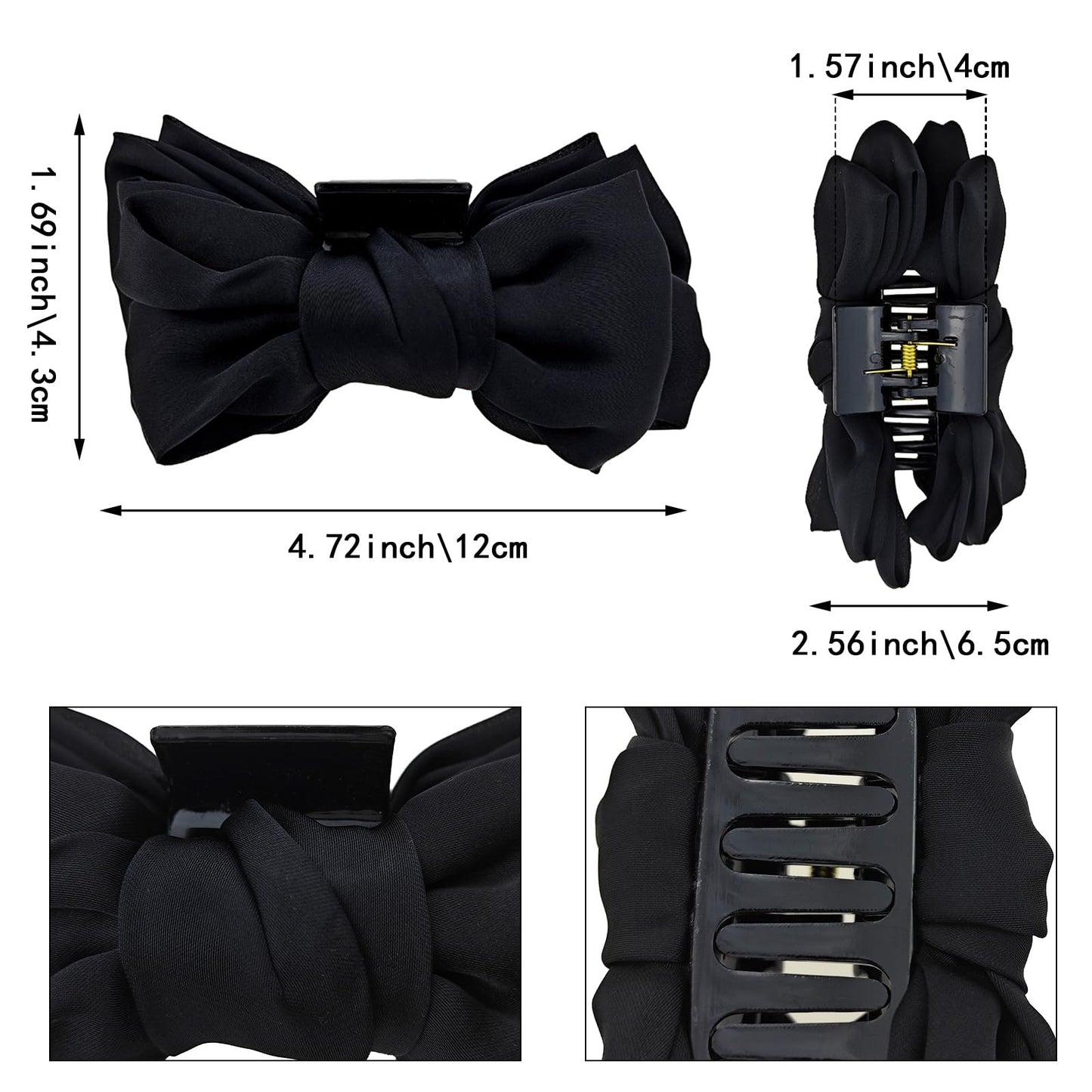 4 PACK Large Black Satin Nonslip Bow Claw Hair Accessories for Women