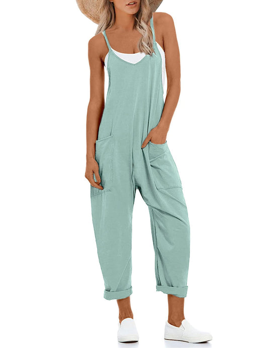 Lentta Women's Causal Jumpsuits V Neck Sleeveless Harem Overalls Stretchy Adjustable Strap Romper with Pockets(Teal-S)