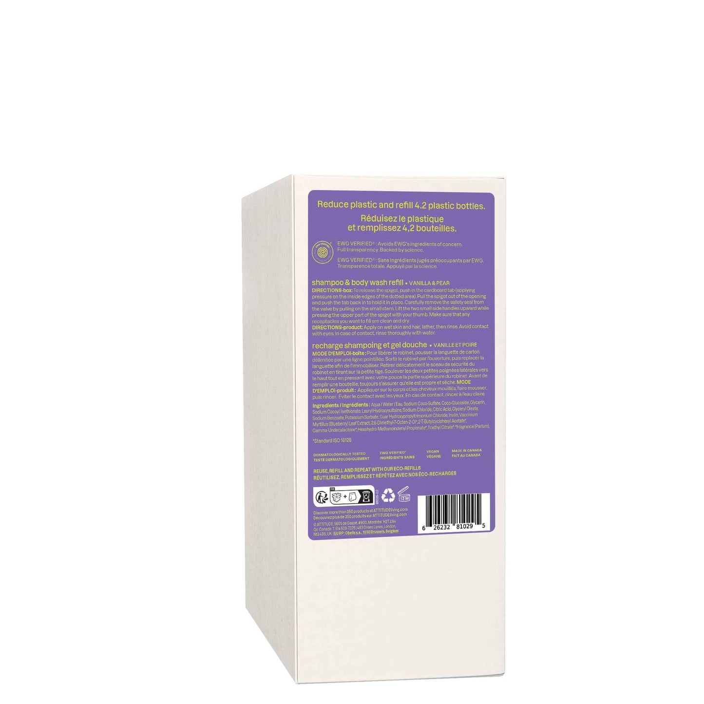 ATTITUDE Shampoo and Body Wash for Kids, EWG Verified Hair and Body Cleanser, Dermatologically Tested Soap, Plant and Mineral Based Bath Products, Vegan, Bulk Refill, Vanilla and Pear, 67.6 Fl Oz