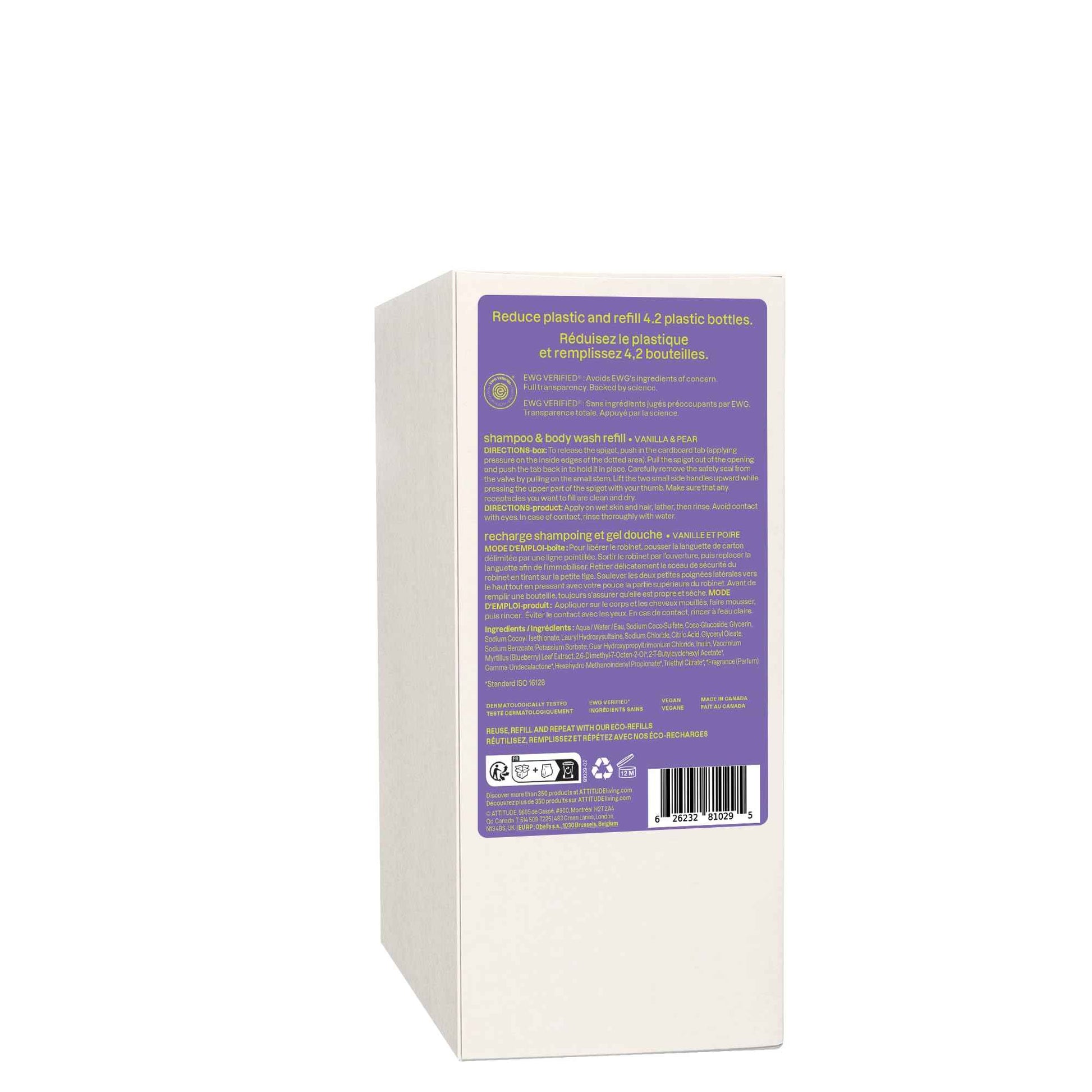 ATTITUDE Shampoo and Body Wash for Kids, EWG Verified Hair and Body Cleanser, Dermatologically Tested Soap, Plant and Mineral Based Bath Products, Vegan, Bulk Refill, Vanilla and Pear, 67.6 Fl Oz