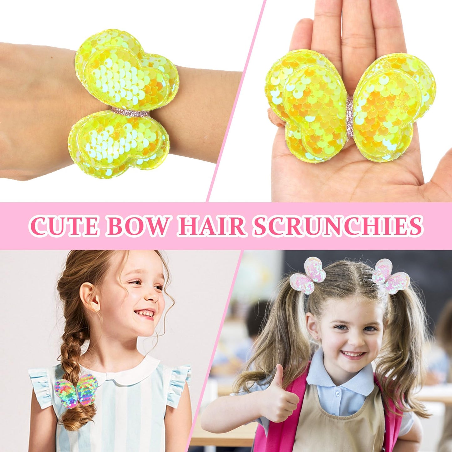 ACO-UINT Sequin Butterfly Hair Scrunchies, Pony Holders and Cheer Bows - 6 Pack Big Hair Ties and Accessories for Girls, Women