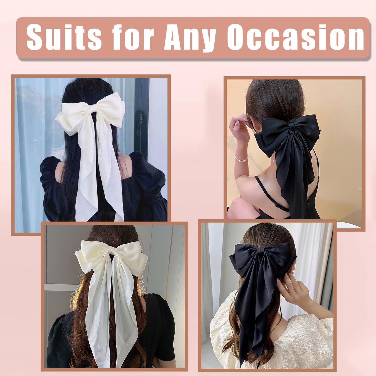 Oversized Long-tail Cute Aesthetic Hair Accessories: 2 PCS Ribbon Barrettes with Large Hair Bows for Women (Beige, Sky Blue)