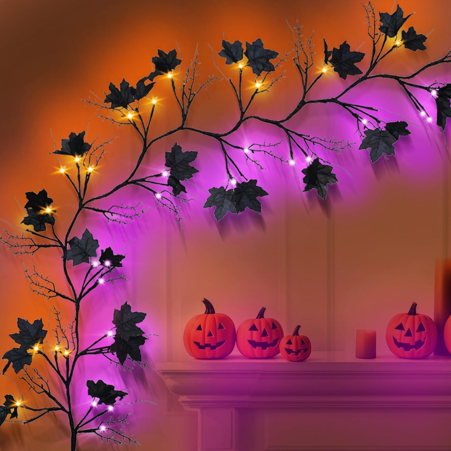 [ 8 Modes & Timer] 6 Ft Halloween Maple Leaf Willow Vine Garland Decorations Clearance with 54 LED Orange & Purple Lights, Battery Operated Waterproof Halloween Decor for Home, Indoor, Wall, Fireplace