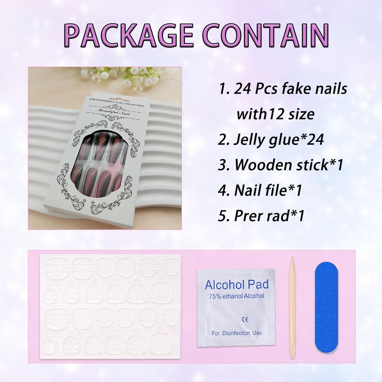 Long Press on Nails Coffin Purple Cat Eye Fake Nails Press ons Silver Glitter Full Cover Extra Long Solid Color Acrylic Nails Glossy Stick Glue on Nails for Women Girls 24 Pcs