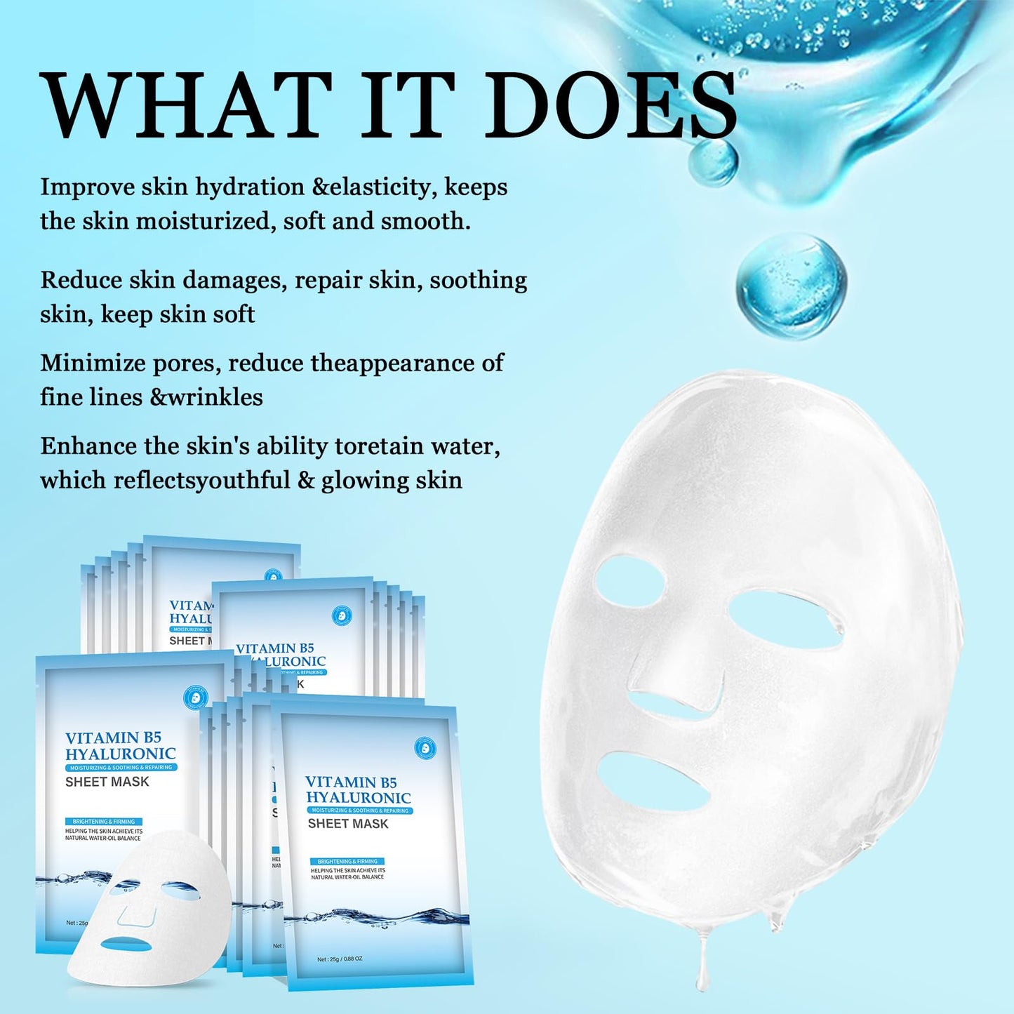 Tamoskiny Hyaluronic Acid Face Mask with Vitamin B5, Deep Hydrating Facial Marks Skin Care for Dry Skin Moisturizing Face Sheet Mask for Women, Soothing Facial Sheet Masks -10 Sheets