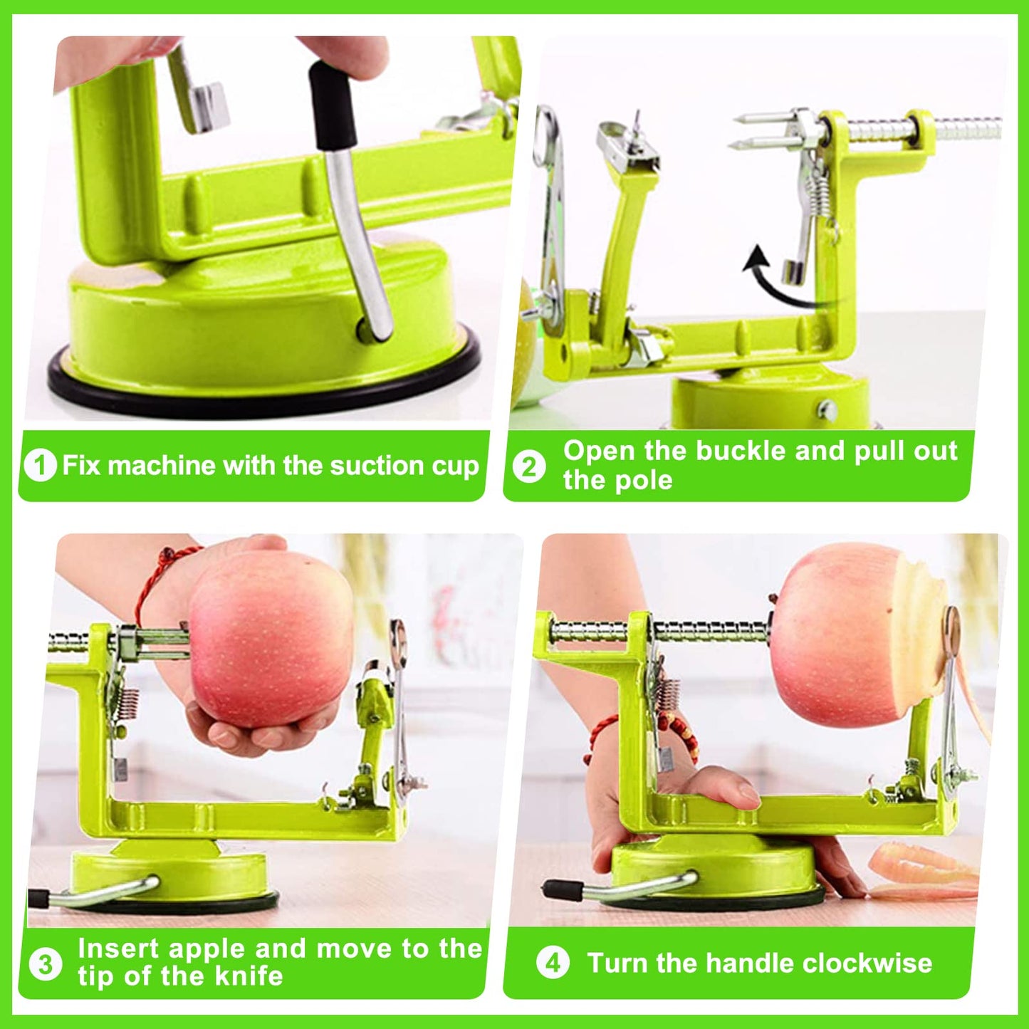 TIGWIN Apple Peeler Corer, Long lasting Chrome Cast Magnesium Alloy Apple Peeler Slicer Corer with Stainless Steel Blades and Powerful Suction Base for Apples and Potato(Green)