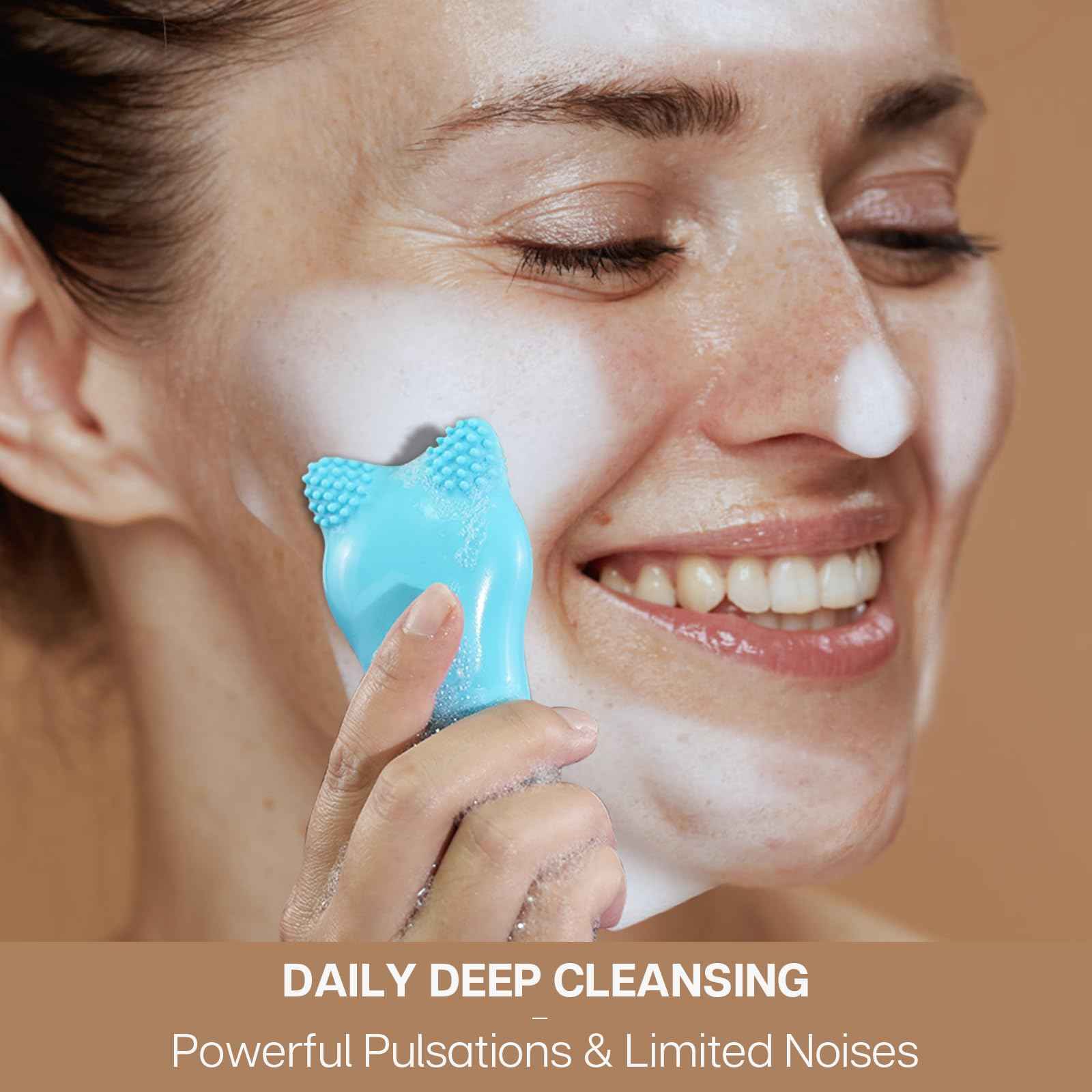VRAIKO MIA Facial Cleansing Brush, Waterproof Rechargeable Face Cleansing Brush, with Soft Silicone and Adjustable Sonic Vibration, for Deep Cleansing Gentle Exfoliating and Massaging (Blue)
