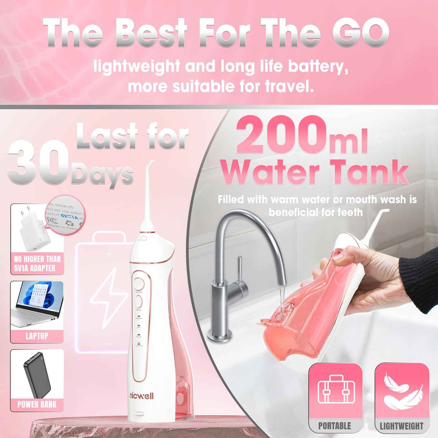 Water Dental Flosser Cordless for Teeth - Nicwell 4 Modes Dental Oral Irrigator, Portable and Rechargeable IPX7 Waterproof Powerful Battery Life Water Teeth Cleaner Picks for Home Travel