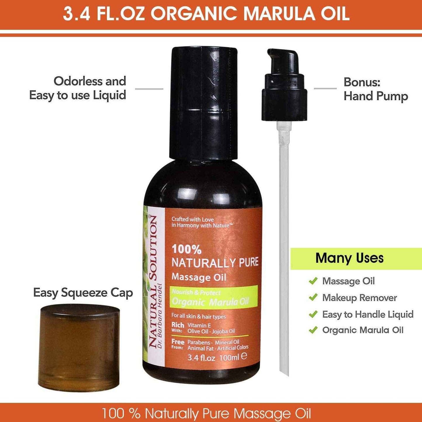 Natural Solution 100% Naturally Pure Massage Oil,for Aromatherapy Relaxing Massage,Organic Marula Oil,Jojoba Oil & Olive Oil,Hair & Skin Care Benefits,Nourish & Protect - 3.4 oz Oily 8606E
