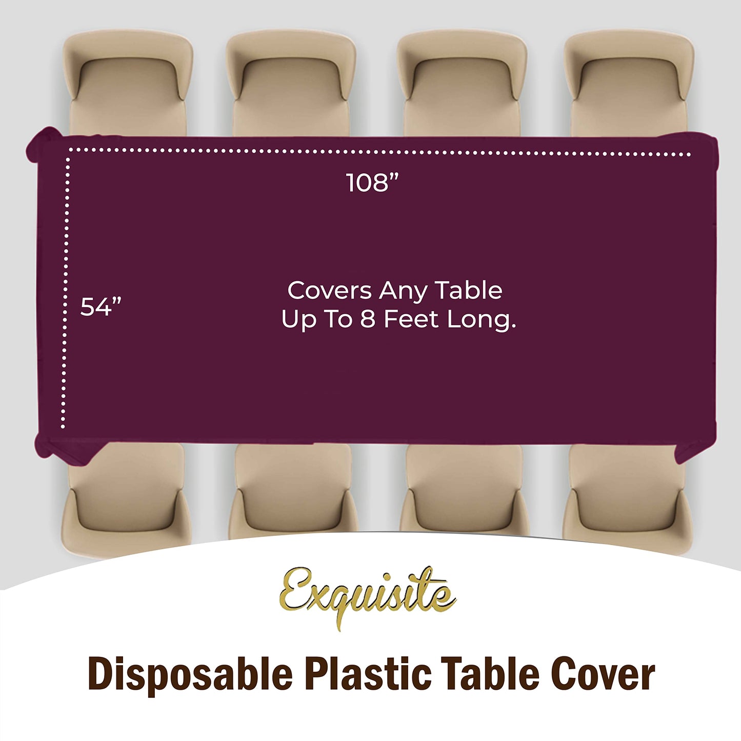 Exquisite 12-Pack Premium Plastic Tablecloth 54in. x 108in. Rectangle Table Cover - Plum