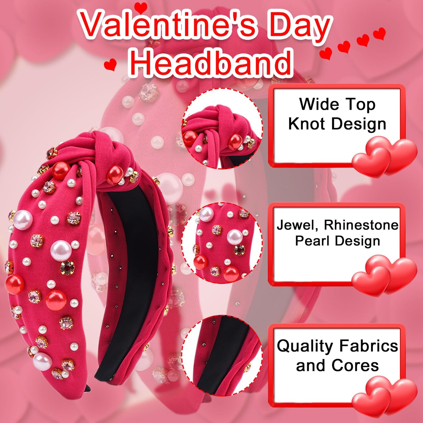 TULOBI Valentine's Day Headband for Women Pearl Knotted Headband Red Pink Pearl Rhinestone Crystal Jeweled Hairband Wide Top Knot Hairband Valentine’s Day Headpiece Holiday Outfits Gifts (Rose Red)