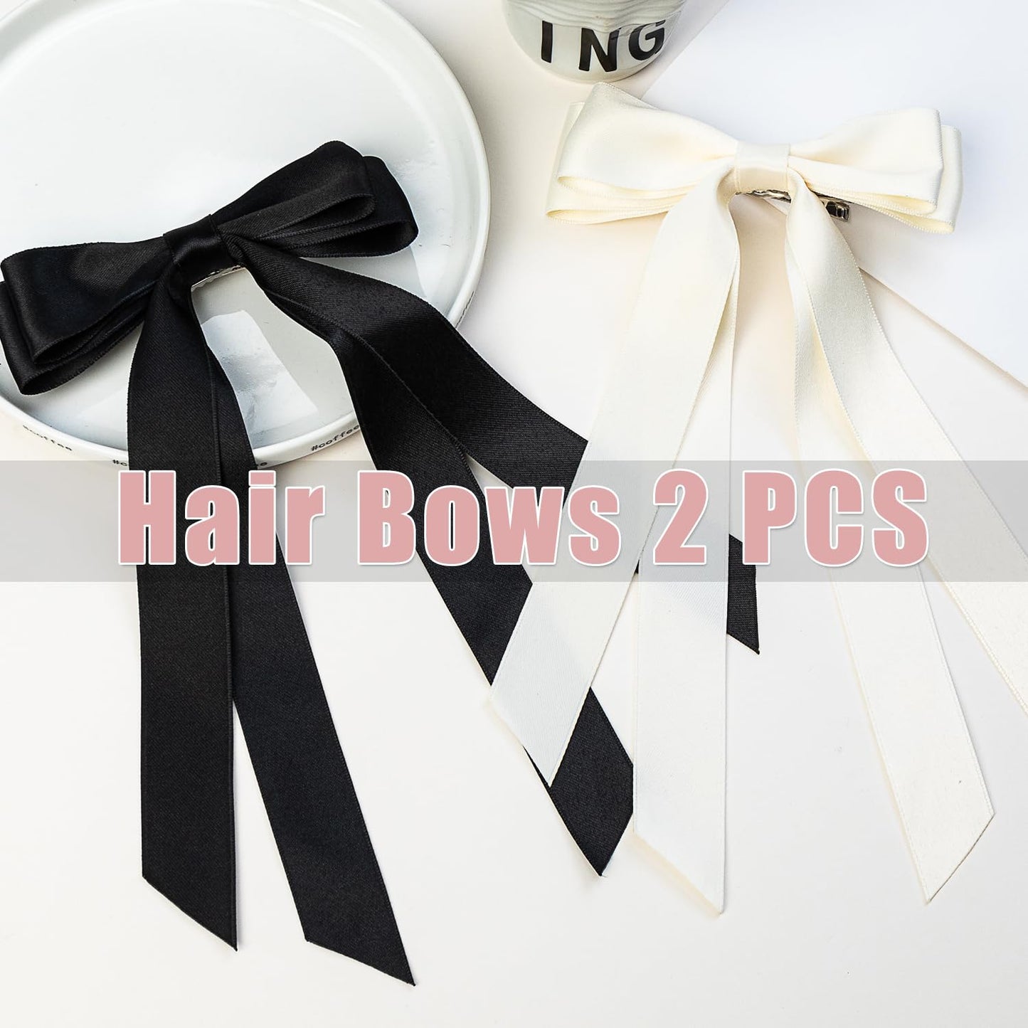 Large Double Ribbon Hair Bows and Barrettes - 2 PCS Hair Bow Claw Clips and Ribbons Accessories for Women (Beige, Black)