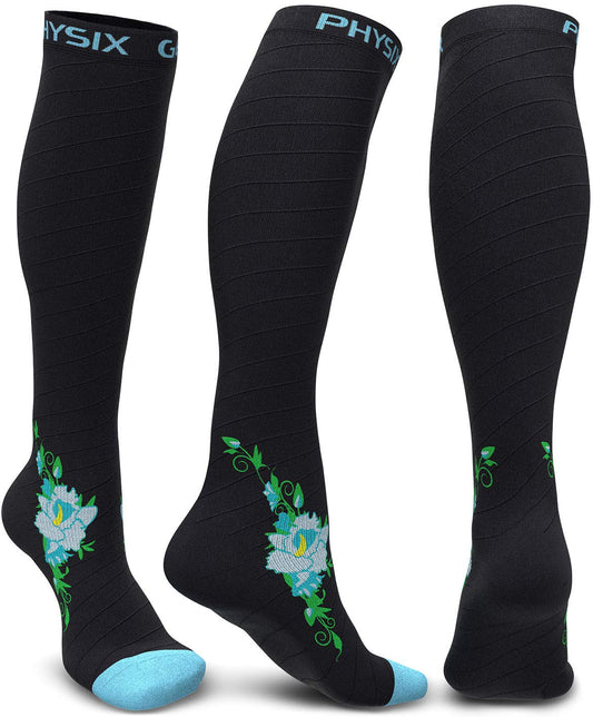 Physix Gear Compression Socks 20-30 mmHg - Men & Women - Running, Nurses, Shin Splints, Flight, Travel (BLACK / BLUE FLOWER-S/M)