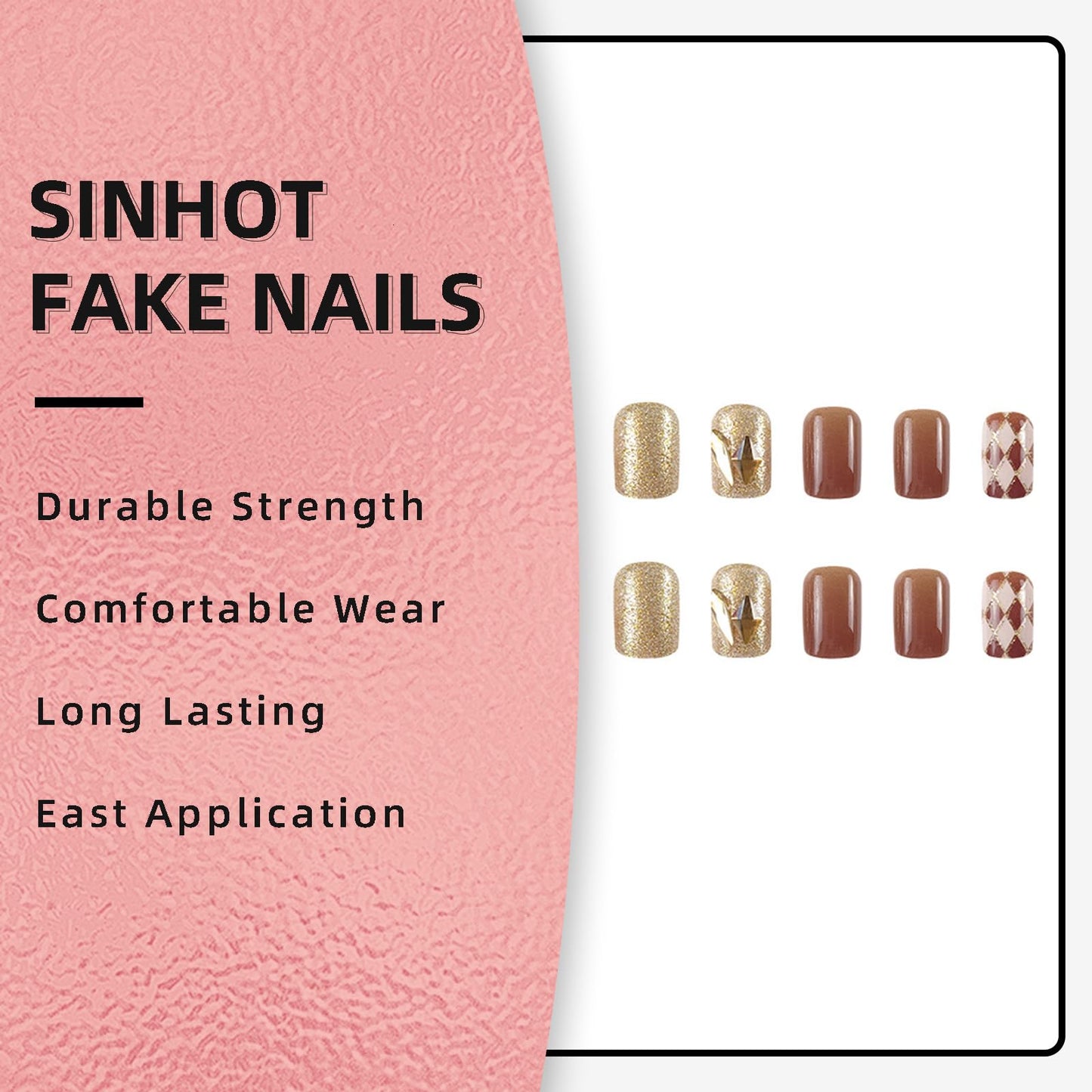 SINHOT Square Press on Nails Medium Squoval Fake Nails Checkerboard Acrylic Nails Glossy Glue on Nails Gold Glitter Artificial Nails Stick on False Nails with Design 24 pcs