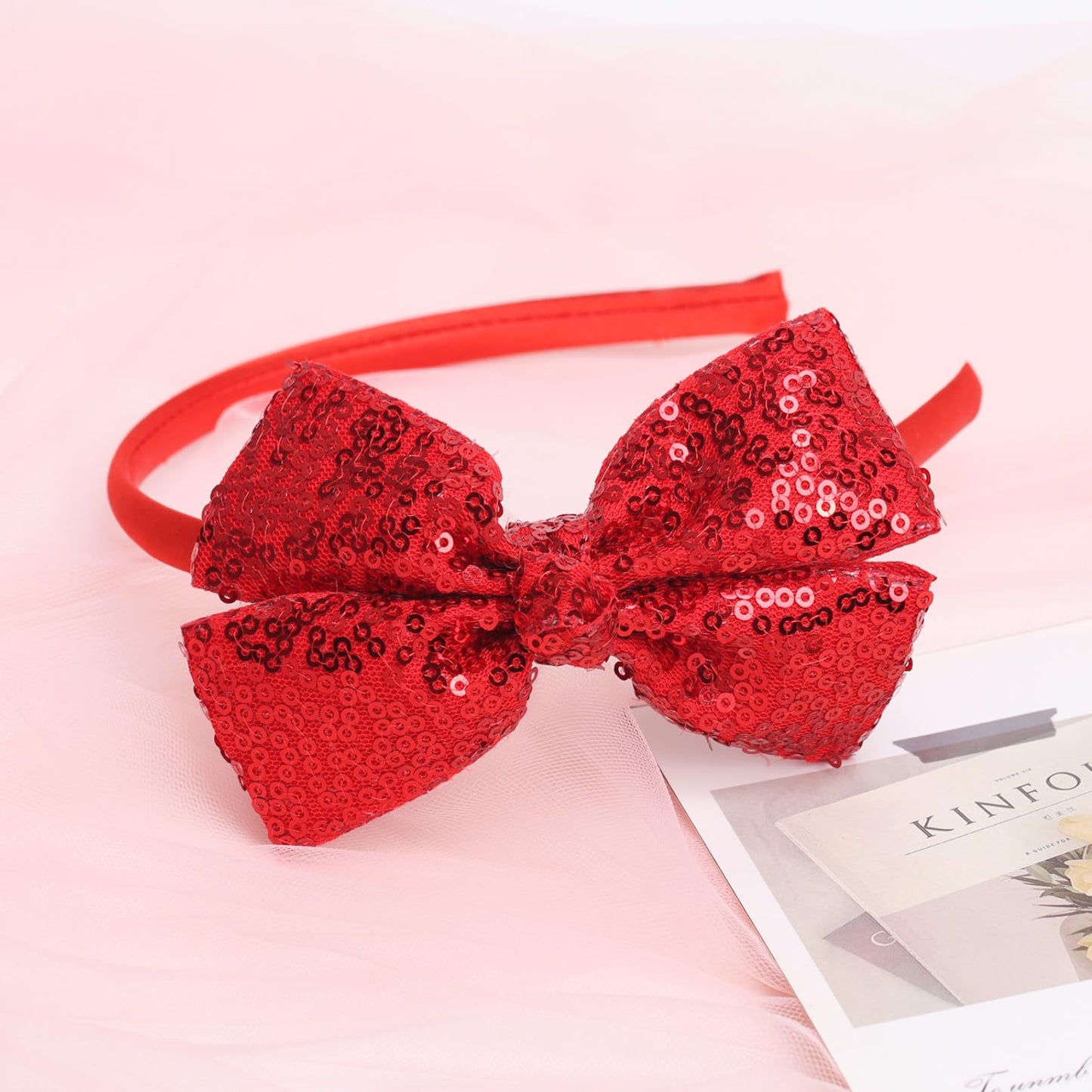 Kiszu Sparkly Sequin Hair Bow Headband for Girls, Kids, and Toddlers - Fashion Cute Boutique Style Hair Accessory - 1 Piece (Christmas Red)