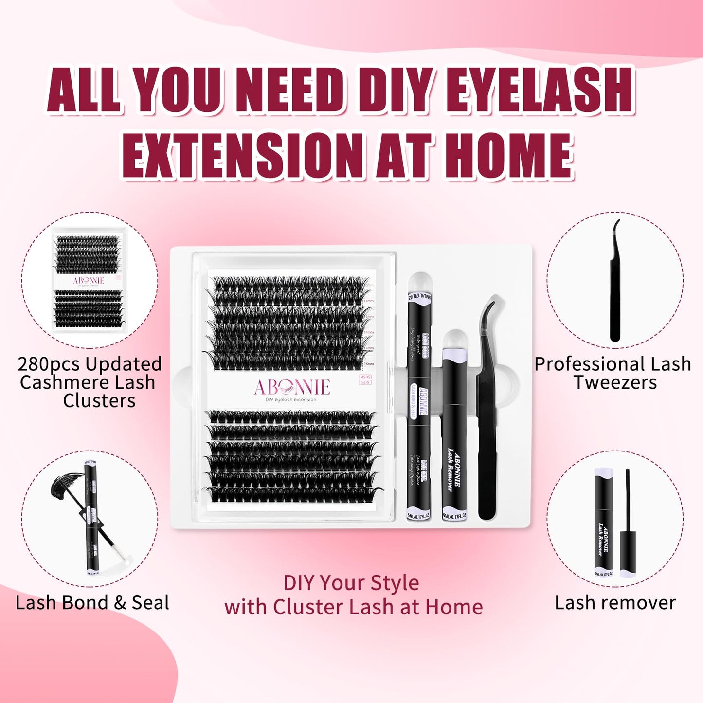 ABONNIE DIY Lash Extension Kit,Cluster lash Extensions Kit, 10-16mm Mix Lash Clusters, 60D+80D D Curl Lash Clusters Kit with Bond and Seal and Tweezer and Remover,at Home Lash Extensions Kit