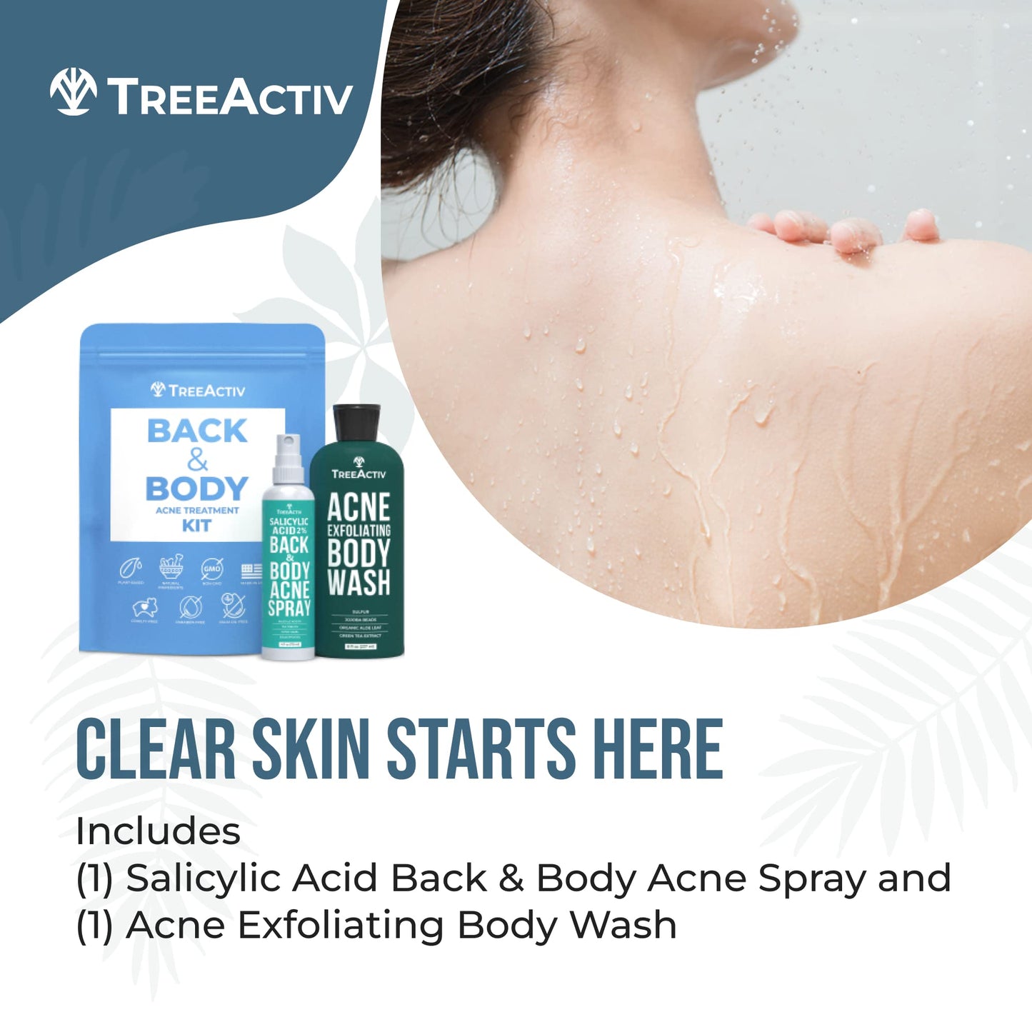 TreeActiv 90-Day Body Acne Treatment Kit, Salicylic Acid Acne Body Spray, Exfoliating Body Acne Wash, Body Acne Treatment for Back, Chest and Butt Acne Removal, Back Acne Treatment For Women and Men