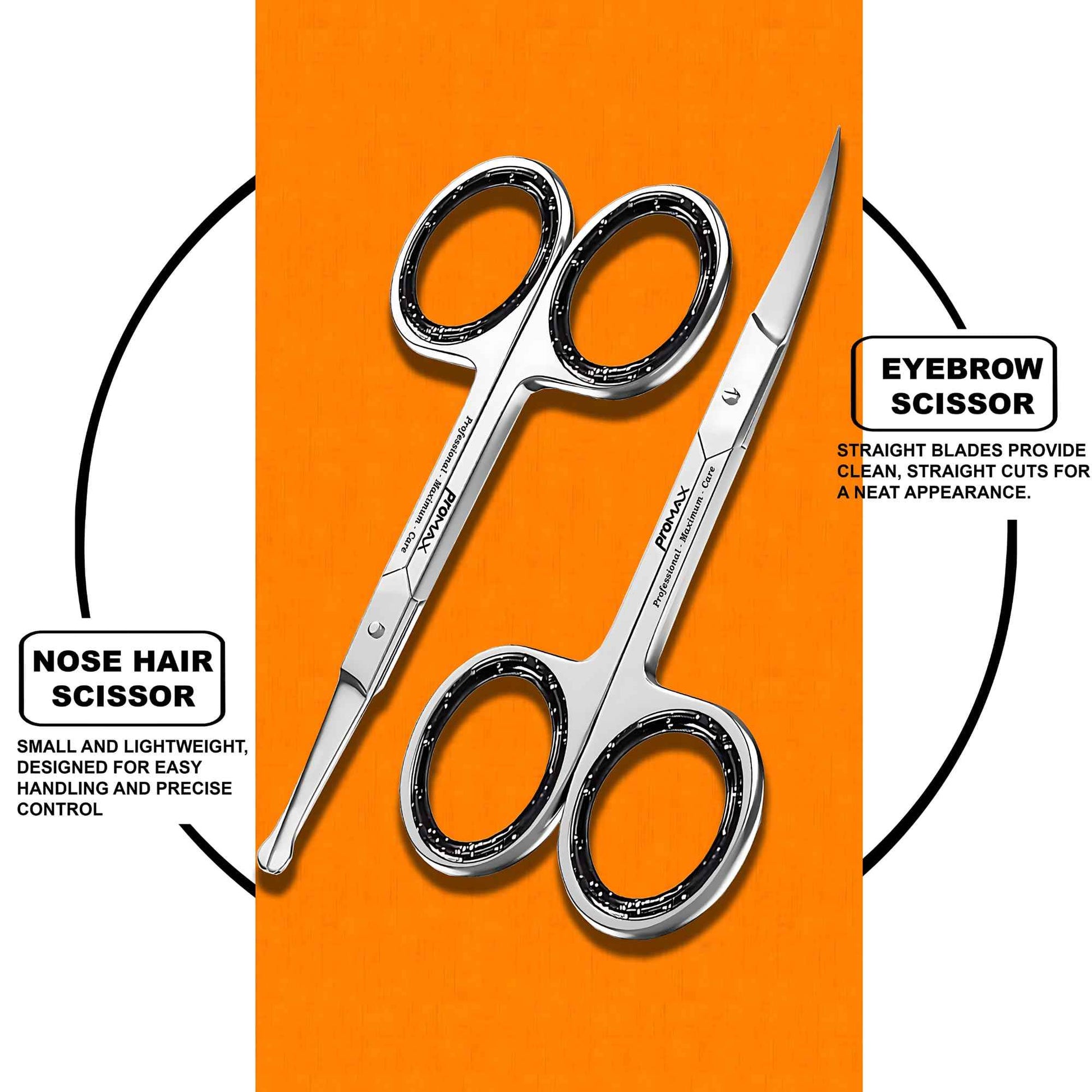 Promax 2-in-1 Nose Hair & Eyebrow Scissors Set – Stainless Steel Grooming Shears with Rounded Safety Tip & Curved Blades for Men & Women – Beard, Mustache & Facial Hair Trimming Scissors Kit