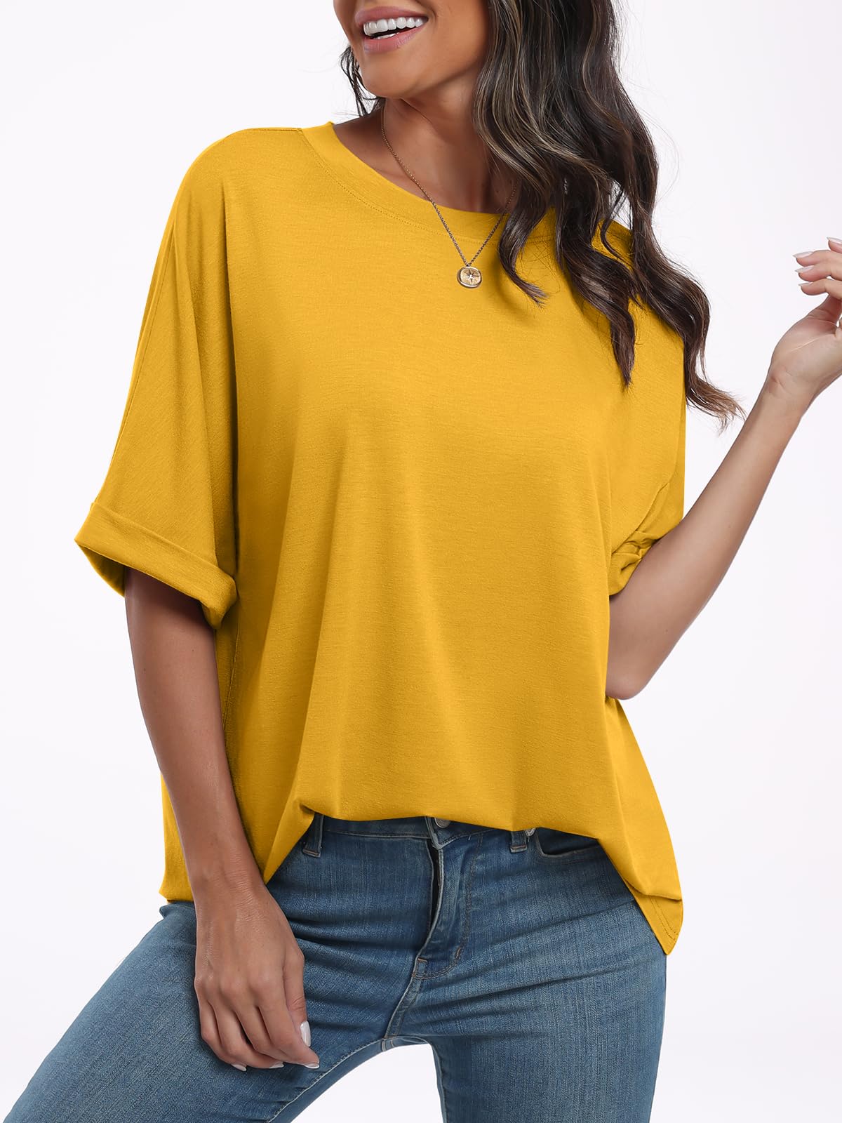 ANRABESS Women's Oversized T Shirts Short Sleeve Crewneck Summer Tops Casual Loose Basic Tee Shirts 2024 Trendy Clothes Yellow Medium