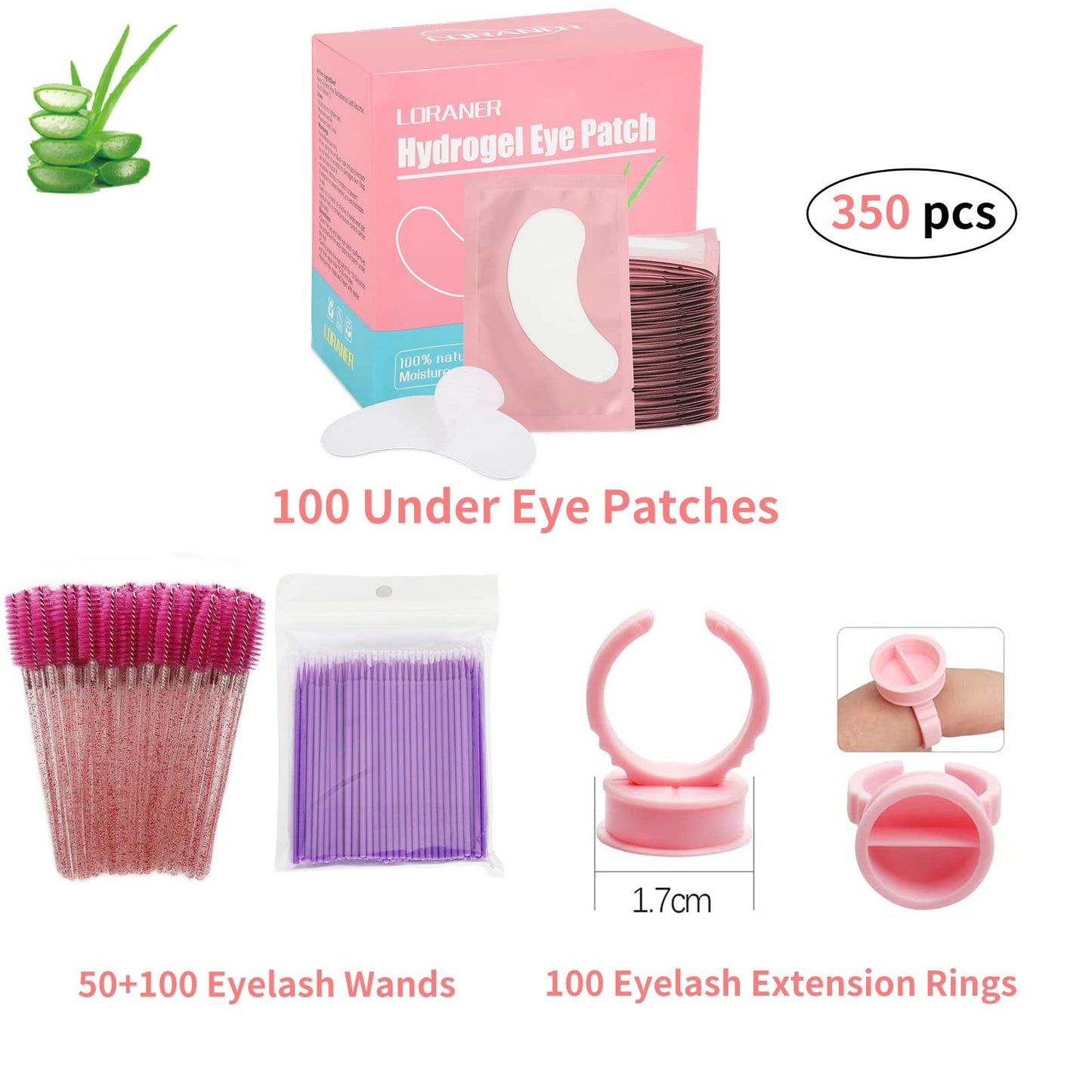 LORANER 350 PCS Under Eye Gel Pads,Eyelash Mascara Brushes,Holder Eyelash Extension Rings - 100% Naturel Lint Free,Comfy and Cool,Eyelash Extension Eye Pads,Hydro gel Eye Patches Beauty Tool(Pink)