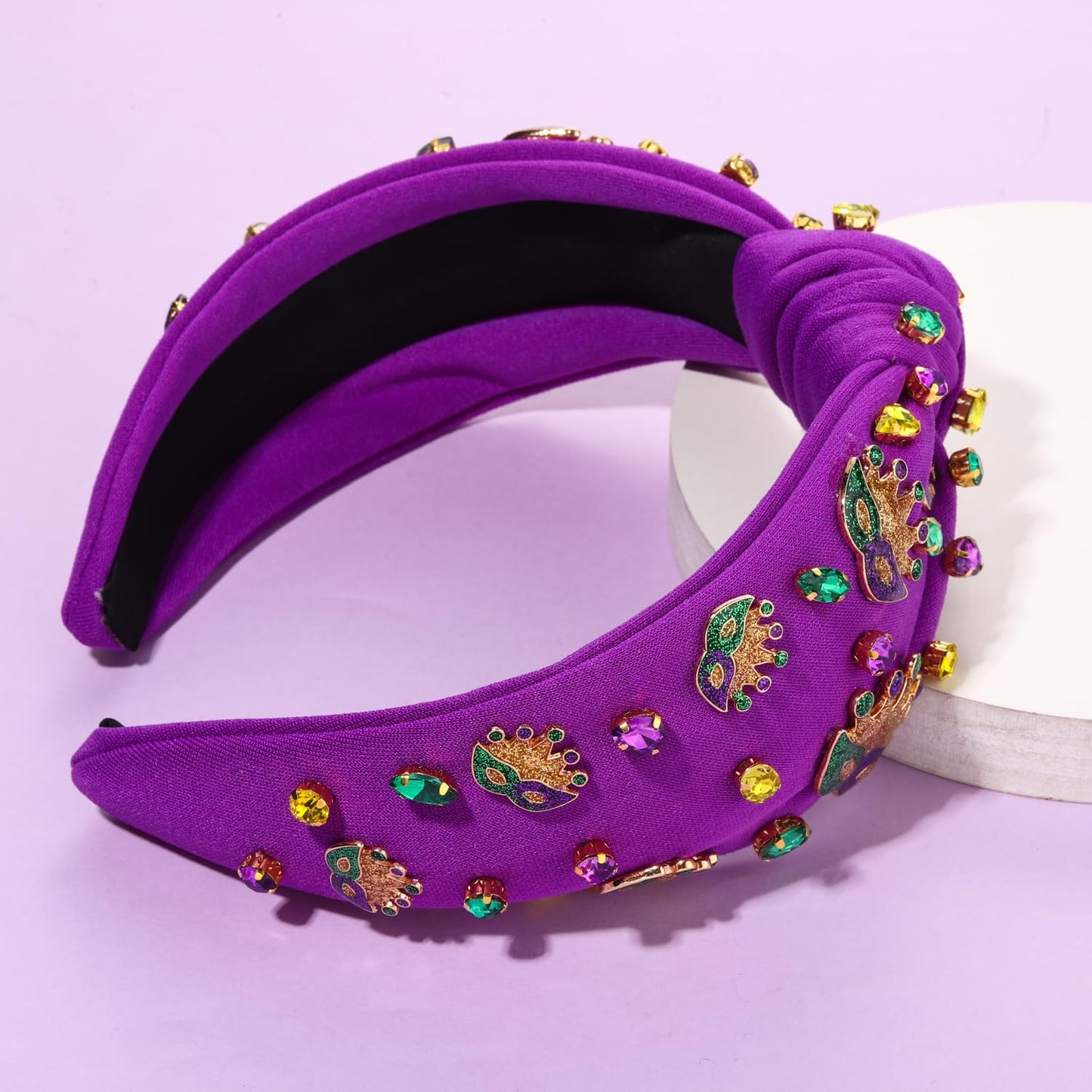 GLBCC Mardi Gras Headband for Women Mardi Gras Masks Knotted Headband Purple Rhinestone Jeweled Wide Hairband Carnival Parade Outfit (crown mask hairband purple)