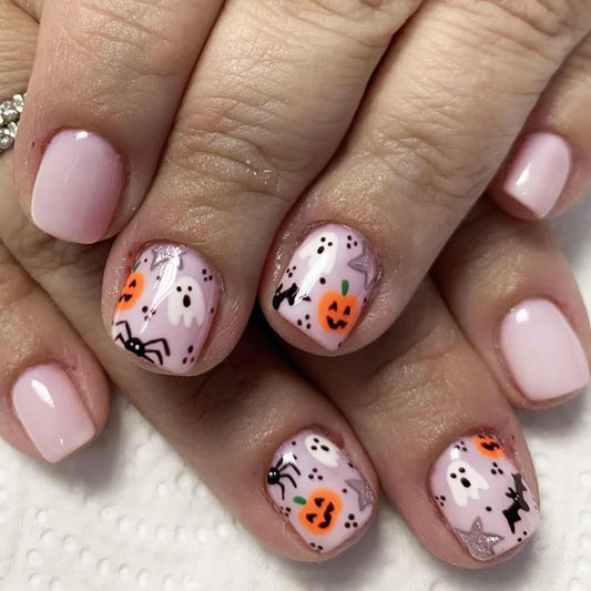 24 Pcs Halloween Short Press on Nails Square Fake Nails Full Cover Pink False Nails with Cute Ghost Spider Bat Pumpkin Designs Glossy Halloween Glue on Nails for Women and Girls Nail Art Decoration