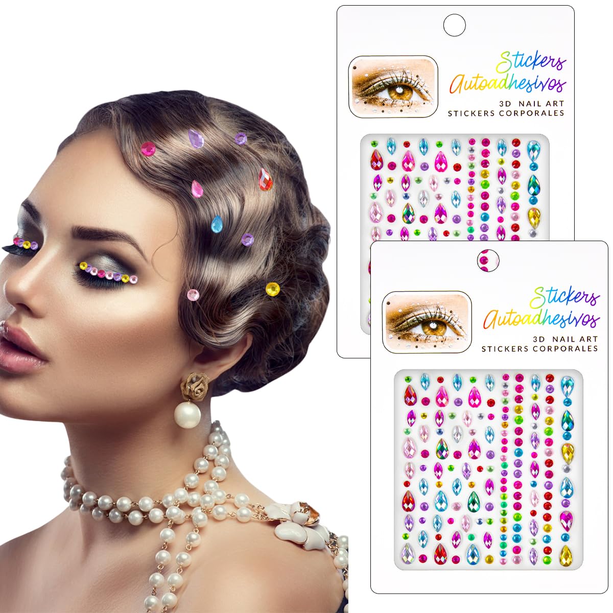 2PCS Face Gems Eye Jewels Stickers Self Adhesive Rhinestones Gems Crystals Pearls Decal Rainbow Rhinestone for Makeup Hair Body Stick Gems for Women Festival Accessory and Nail Art Decoration