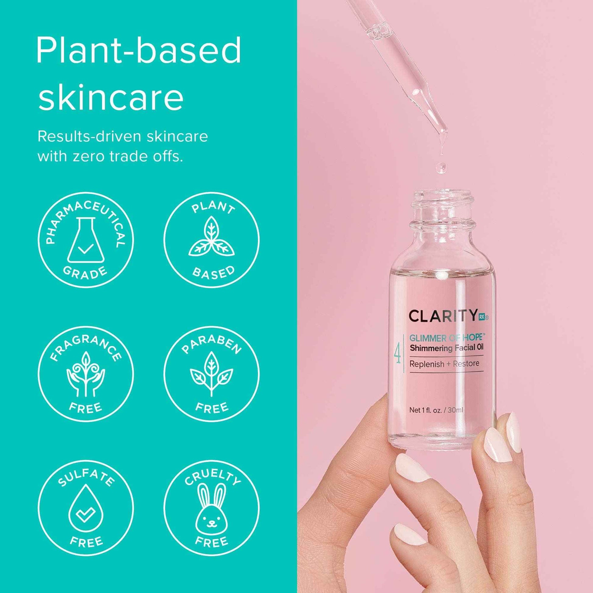 ClarityRx Glimmer of Hope Shimmering Restorative Face Oil, Natural Plant-Based Moisturizing Facial Treatment with Coconut, Rose & Jojoba for Dry & Aging Skin (1 fl oz)