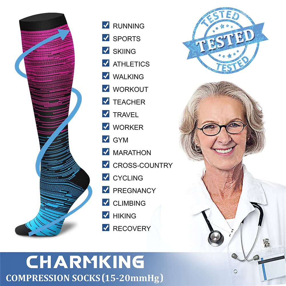 CHARMKING Compression Socks for Women & Men Circulation (3 Pairs) 15-20 mmHg is Best Athletic for Running, Flight Travel, Support, Cycling, Pregnant - Boost Performance, Durability (S/M, Multi 32)