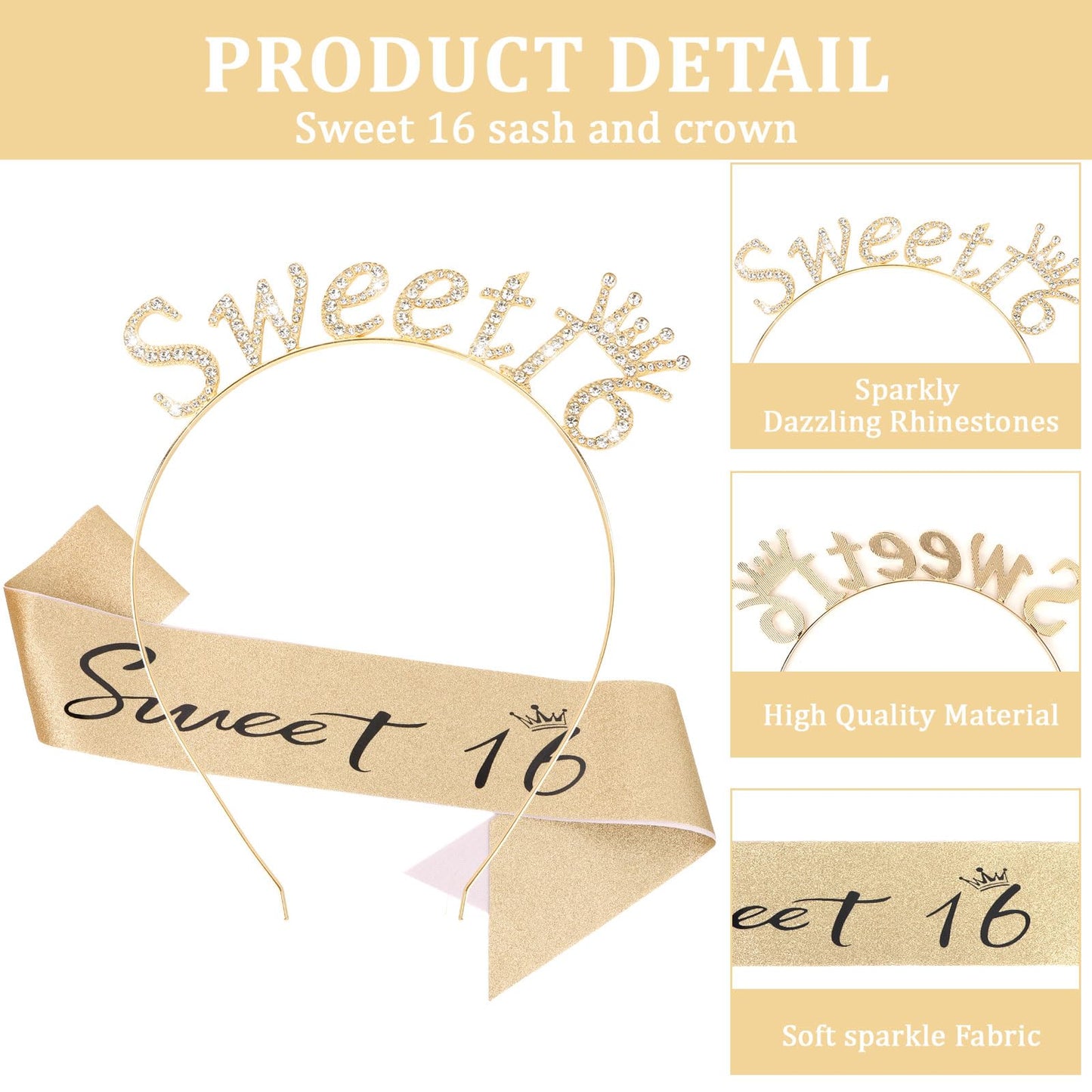 CAVETEE Sweet 16 Party Decorations, Gold Sweet 16 Sash and Crown 16th Birthday Crown for Girls 16th Happy Birthday Party Decorations