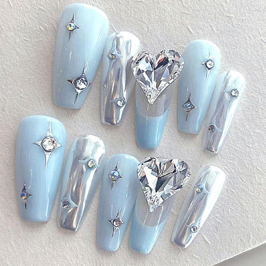 Press on Nails Medium Length Coffin Blue Fake Nails with Silver Stars Heart Rhinestones Acrylic False Nails Designs Full Cover Stick on Nails for Women 25 Pcs