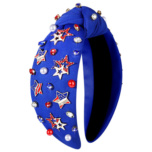 NVENF Rhinestone Pearl Jeweled Headbands, American Flag Star Headband, 4th of July Accessories Outfits for Women, Holiday Gifts (Star D-Blue, Fabric, Crystal, Cotton, Hairband, Women, 1 Count, 1 PCS)