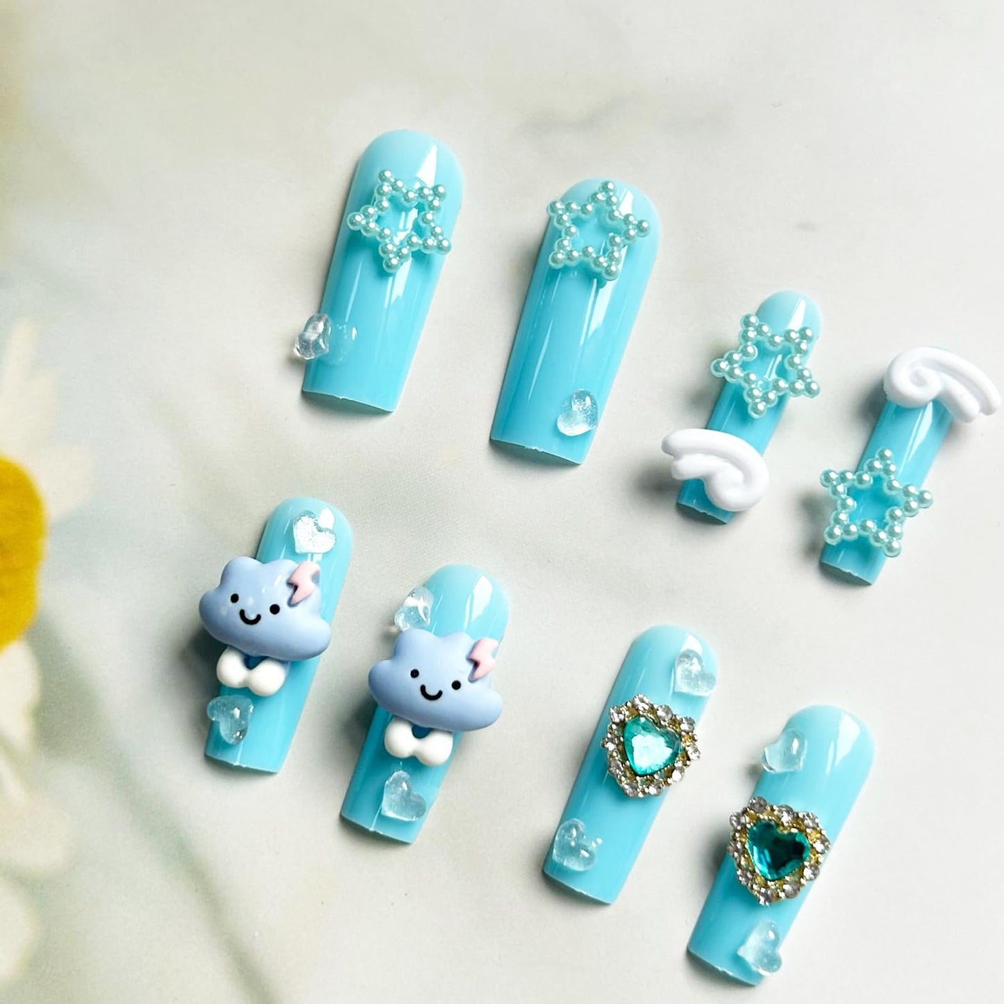 24Pcs Kawaii Press on Nails Long Square Fake Nails 3D Cartoon Pattern False Nails with Pearl & Rhinestone Designs Glossy Acrylic Nails Full Cover Stick on Nails Glue on Nails for Women and Girls