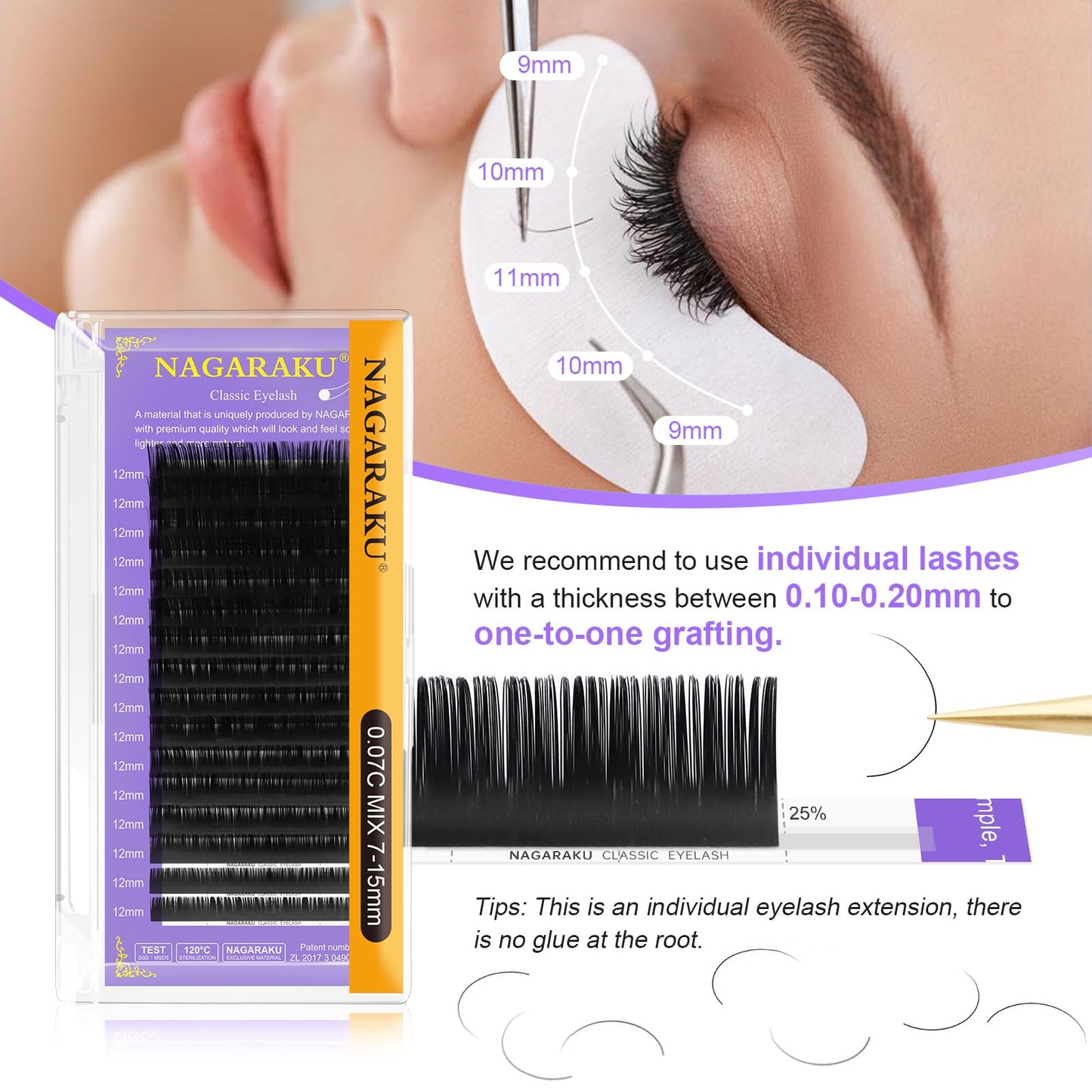 NAGARAKU Eyelash Extensions Individual Lashes Extensions Classic Lash Matte Black 16 Rows Soft Natural Matte Black Professional Beauty Salon Lash Supplies -0.07J 8mm