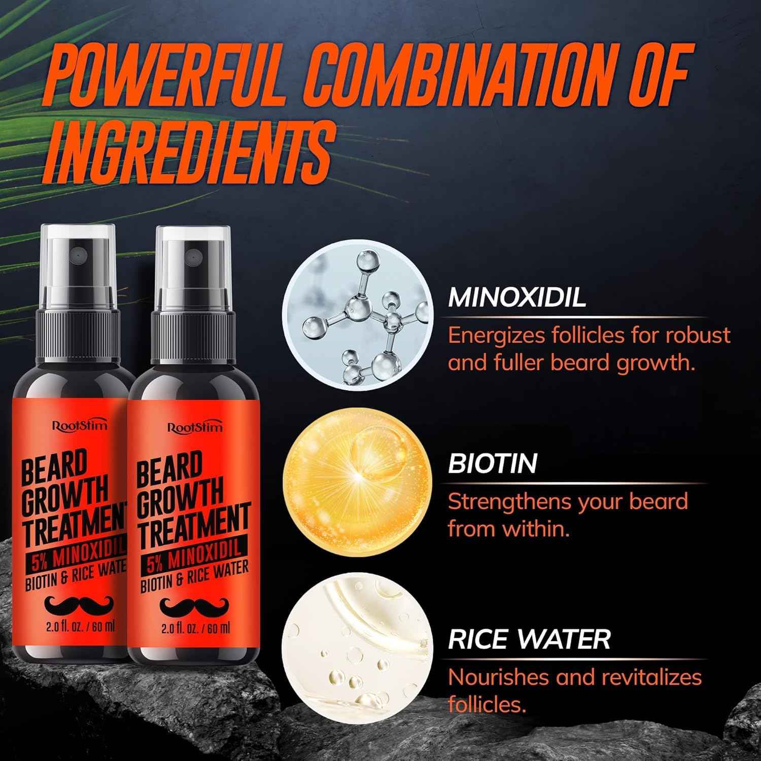 5% Minoxidil Beard Growth Serum for Men: 2-Pack Hair Regrowth Spray with Biotin & Rice Water - Extra Strength Beard Oil for Faster Thicker and Fuller Beard Growth - 4.06 Fl Oz