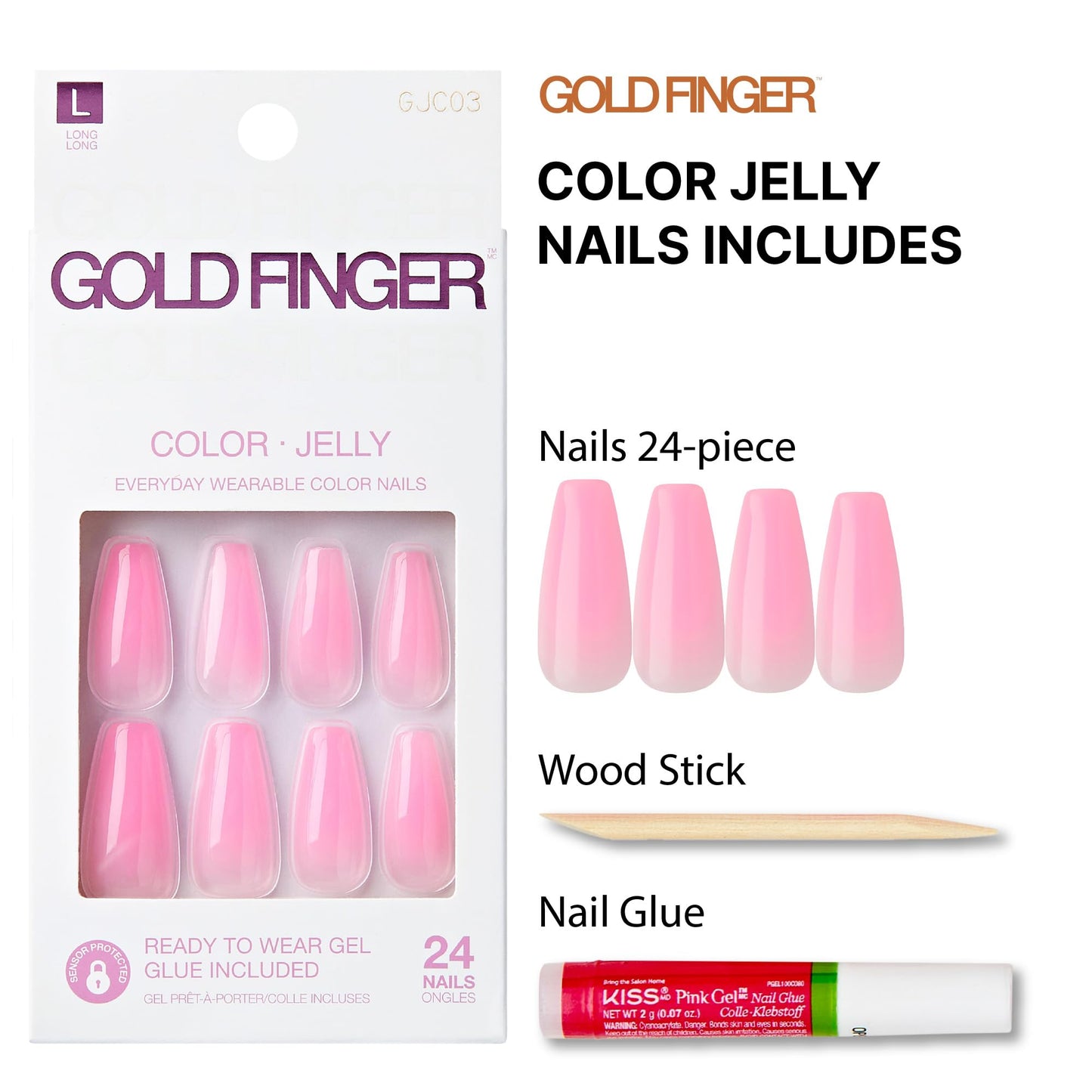 GoldFinger False Nails Kit, Jelly Color Ready to Wear Baby Pink Fake Nails, Manicure Stick and Glue Included, Long Length, Coffin Shape, Long-Lasting Hottest Trend Glue on Nails