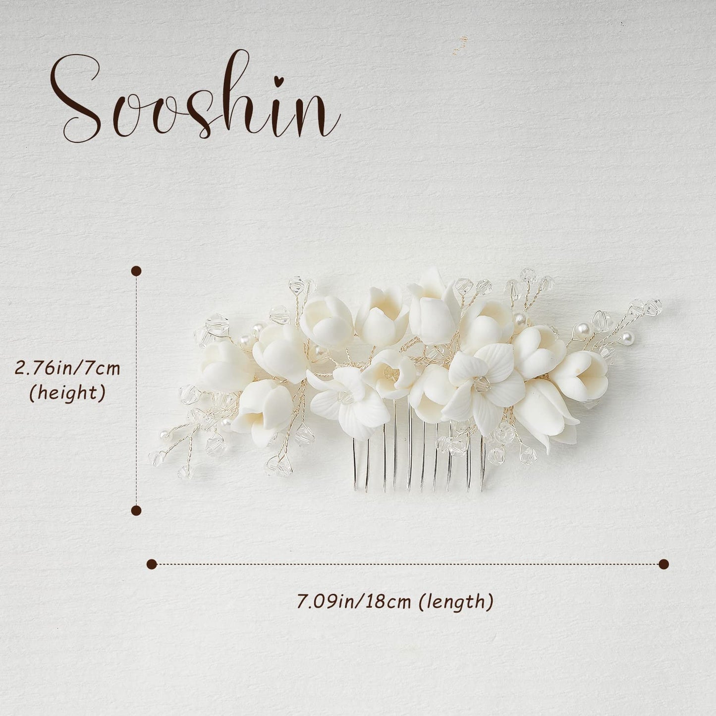 Sooshin Porcelain Flower Bridal Hair Accessory with Pearls, Crystals, and Rhinestones - Hair Comb for Brides, Bridesmaids, and Women