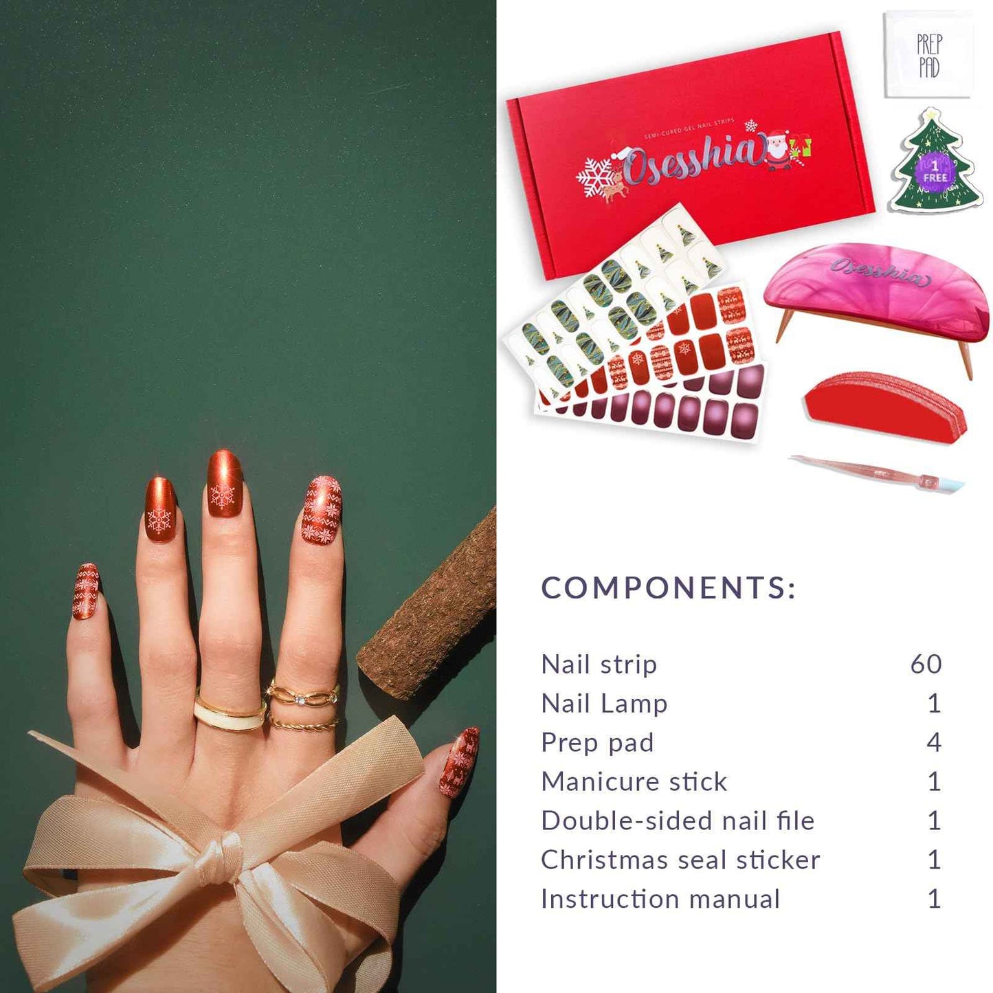 Osesshia Semi Cured Gel Nail Strip Starter Kit, (Include 60 Pcs Nail Stickers, 1 UV Lamp and Nail Tools), Glaze Wraps, Salon Quality Gel Polish Strips, Christmas Nails Stickers Kit