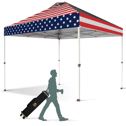 Crown Shades 10x10 Pop up Canopy Tent, Patented One Push Pop Up Tent with Wheeled Carry Bag, Bonus 8 Stakes and 4 Ropes, American Flag