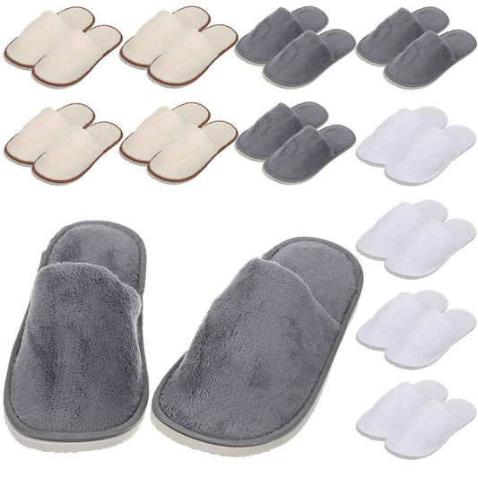 Tarpop 12 Pairs Disposable Slippers for Guests Bulk House Spa Slippers Fluffy Coral Fleece Indoor Hotel Shoes for Women Men Shoeless Home Hotel Bedroom Travel(White, Yellow, Grey)
