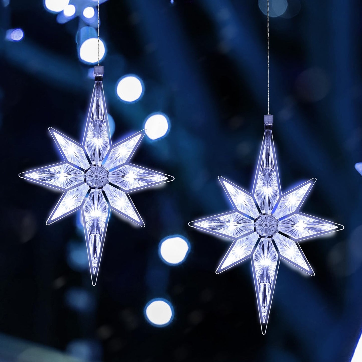 Mudder 10.8 Inch Christmas Window Star Lights Plastic Lighted Star Tree Topper Decoration Large Hanging Stars Christmas Window Lights LED Star Window Silhouette Decoration (Cool White,2 Pieces)