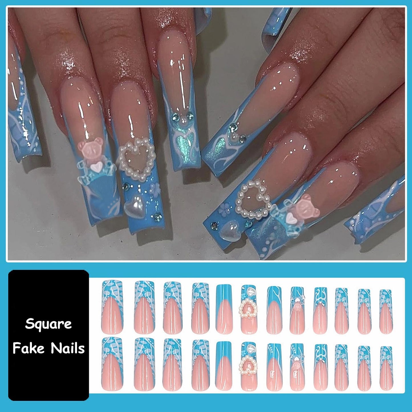 MISUD Press on Nails Long Square Fake Nails Glossy Glue on Nails Blue French Tip Acrylic Nails Squoval Artificial Nails Pearl Stick on False Nails with Cute Bear Design 24 pcs