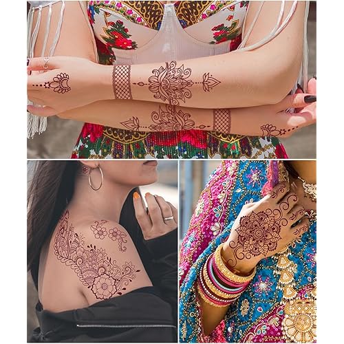8 Sheets Brown Henna Tattoos Temporary Stickers Women Body Art Stickers for Wedding Party