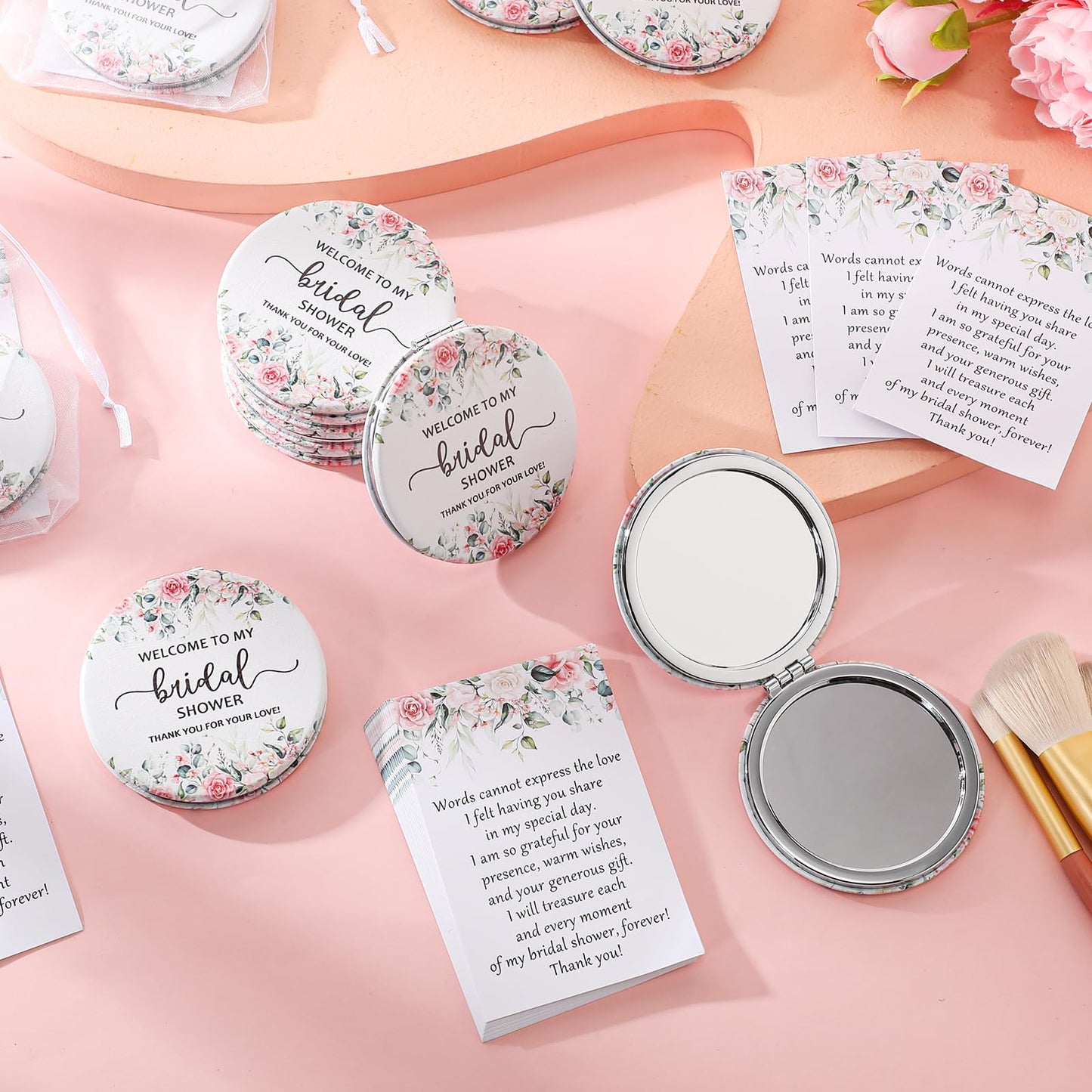 XunYee 24 Sets Bridal Shower Favors for Guests Flower Design Makeup Mirrors Leather Compact Mirrors Bridal Thank You Cards with Organza Bags Bridesmaid Gifts Wedding Party Favors Supplies