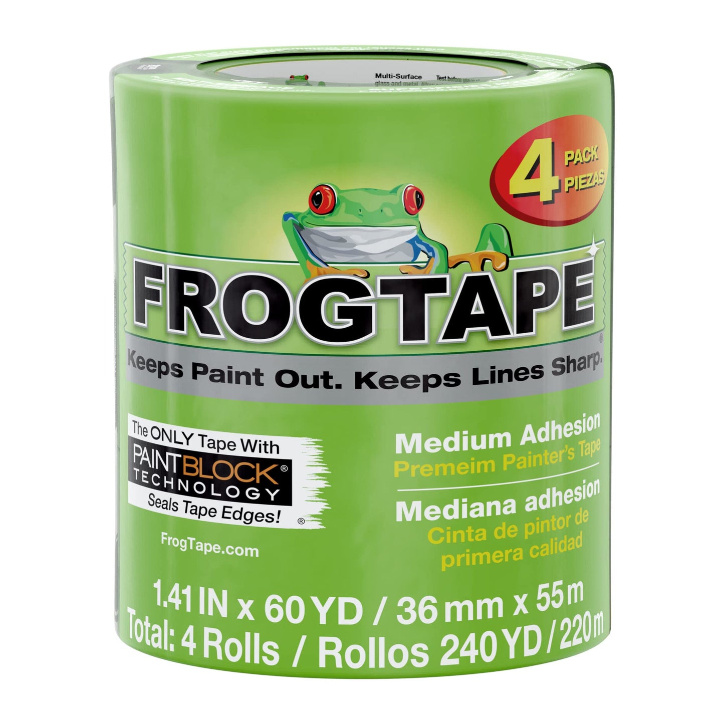 FROGTAPE Multi-Surface Painter's Tape with PAINTBLOCK, Medium Adhesion, 1.41 Inches x 60 Yards, Green, 4 Rolls (240660)