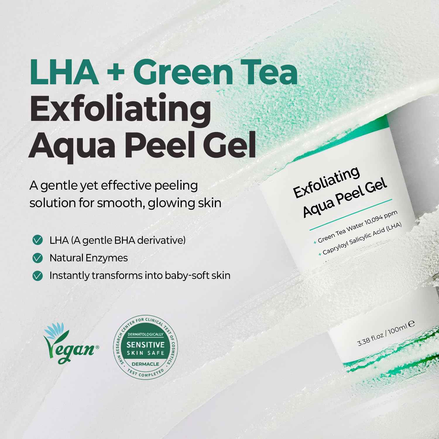 MOTHER MADE LHA Green Tea Exfoliating Aqua Peel Gel, Deep Pore Face Exfoliant, Gentle Facial Exfoliator, Dead Skin Remover, Natural Cellulose for Peeling, Vegan, Korean Skincare (100ml / 3.38 fl.oz)